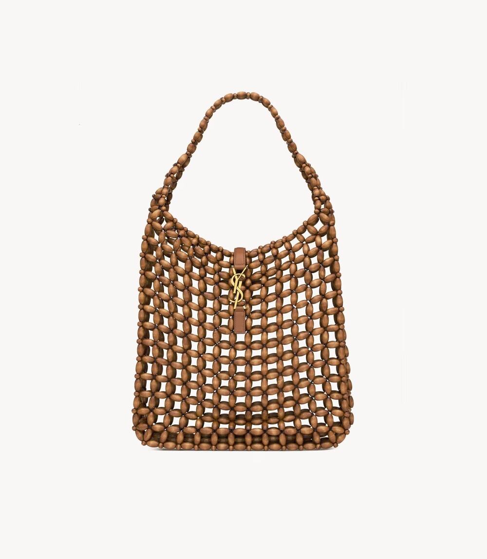 Saint Laurent YSL Le 5 à 7 Wood Bead Hobo Bag Brown NEW w/ Pouch